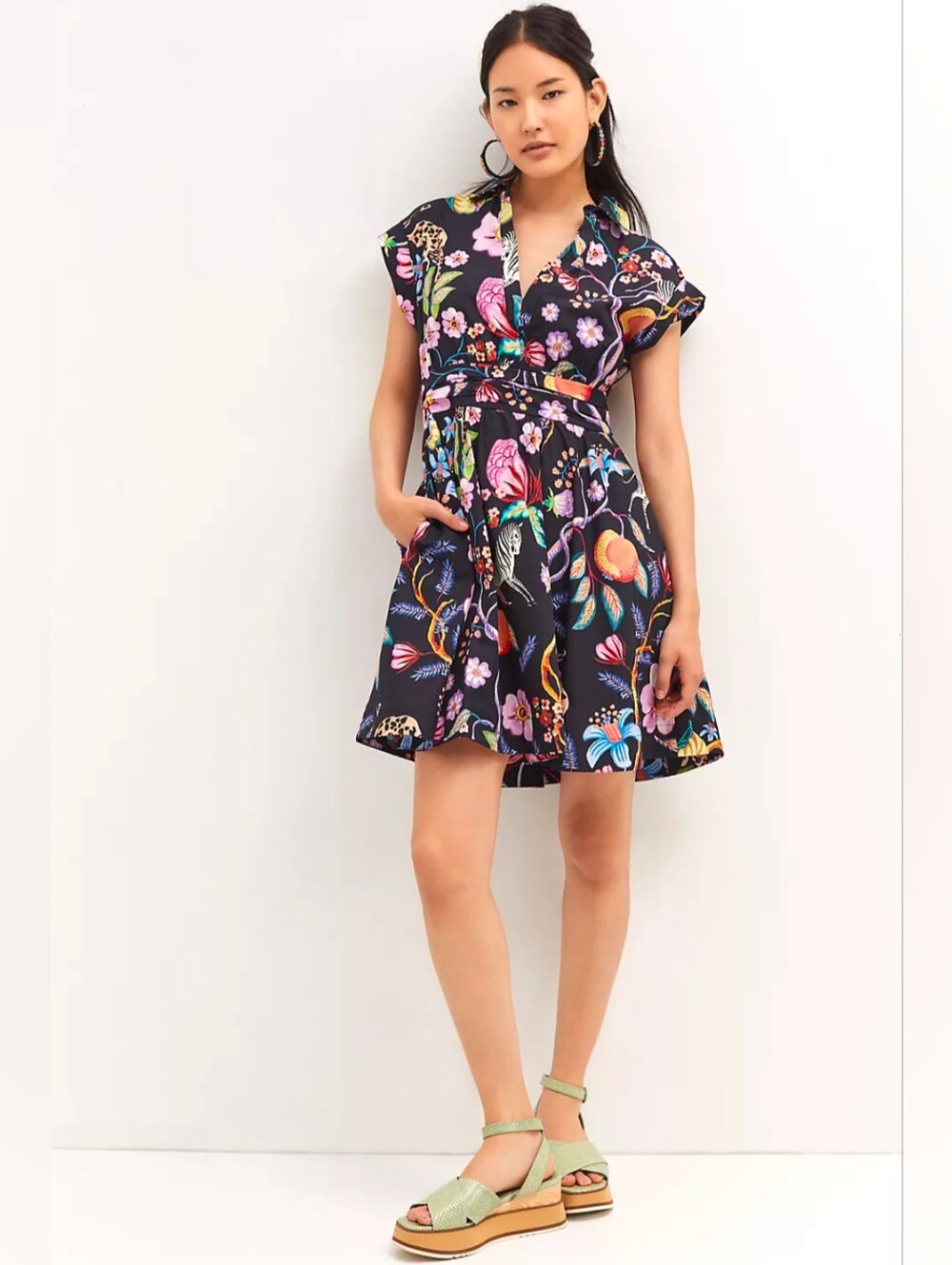Anthropologie Maeve Floral Mini Dress Size 6 Jungle Zebra Black Pockets!